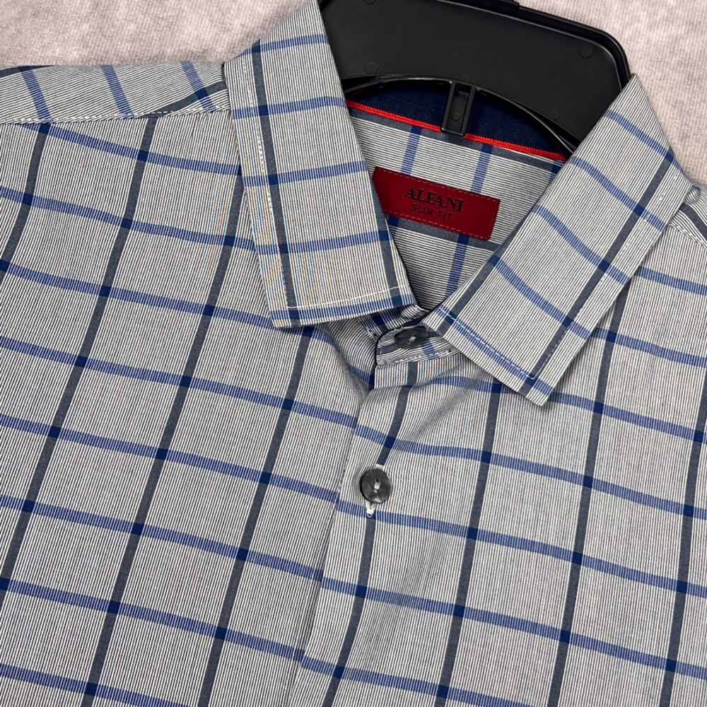 Alfani Slim Fit Dress Shirt Mens Medium Blue White Windowpane Check Long Sleeve